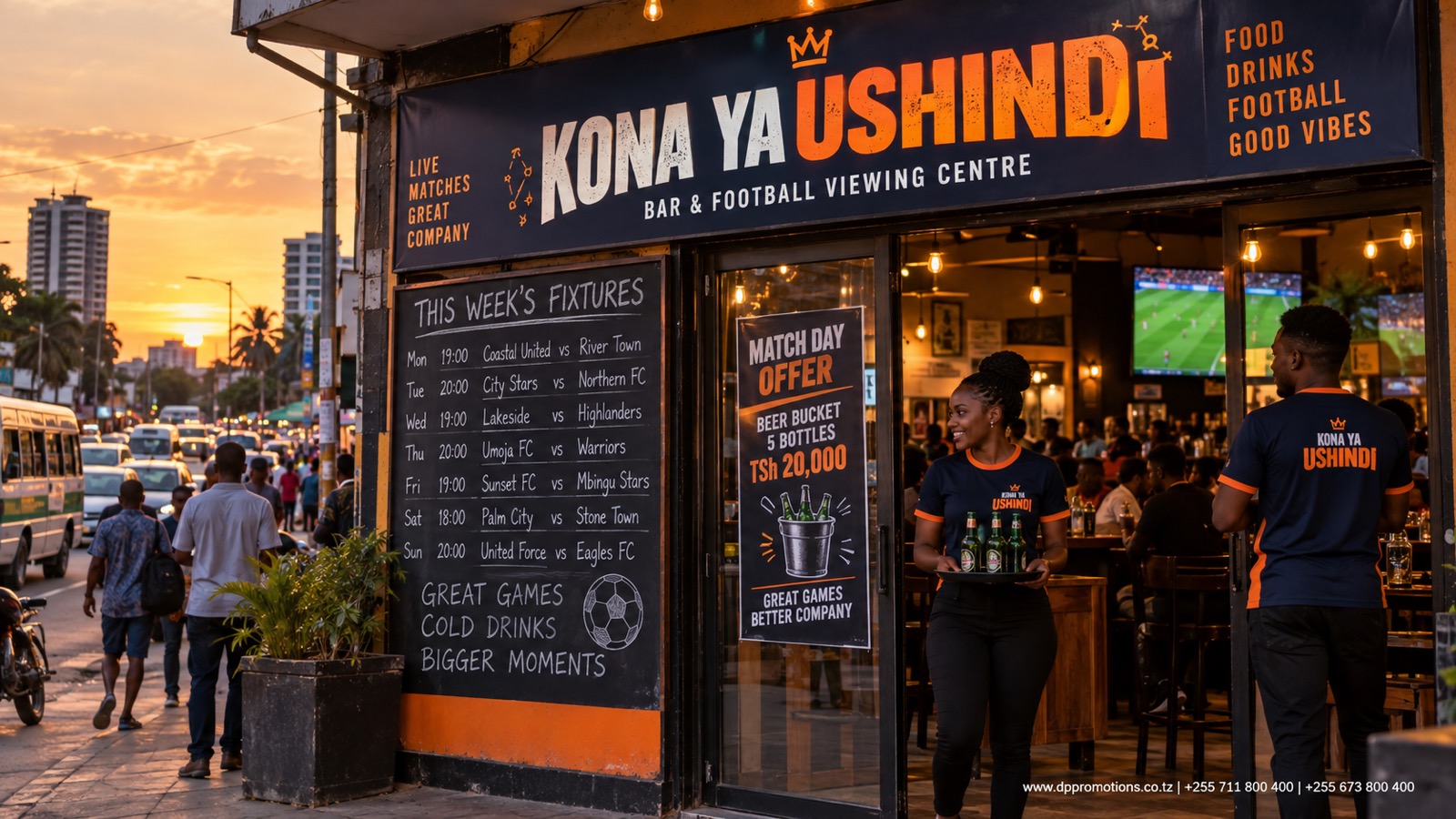 Kibanda cha kuonyesha mpira chenye bango la ratiba, sticker ya dirisha na wahudumu wenye T-shirt zenye chapa, Dar es Salaam