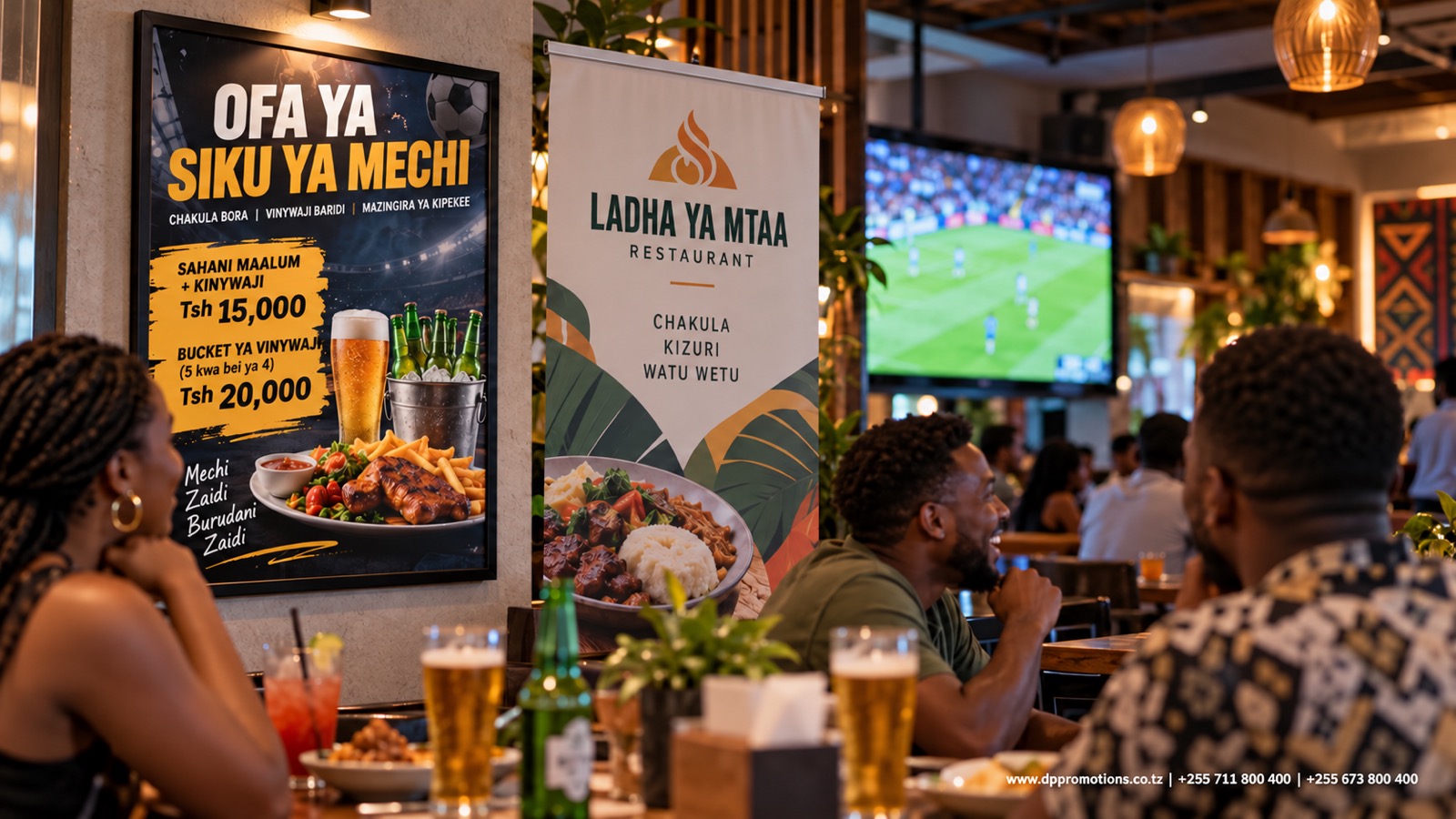 Poster ya ofa ya siku ya mechi na roll-up banner ndani ya mgahawa Dar es Salaam