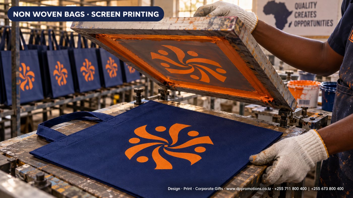 Screen printing ya rangi ya machungwa ikiwekwa kwenye mfuko wa non-woven wa bluu kiwandani