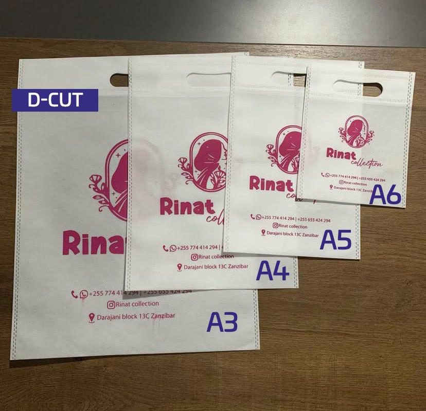 Seti ya mifuko ya non-woven ya D-cut ukubwa A3 hadi A6 yenye print ya pink, kazi ya DP Promotions