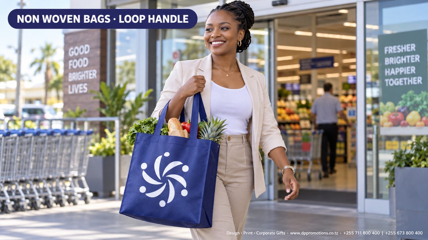 Mteja akitoka supermarket akiwa amebeba mfuko wa non-woven wa loop handle wenye eneo la chapa
