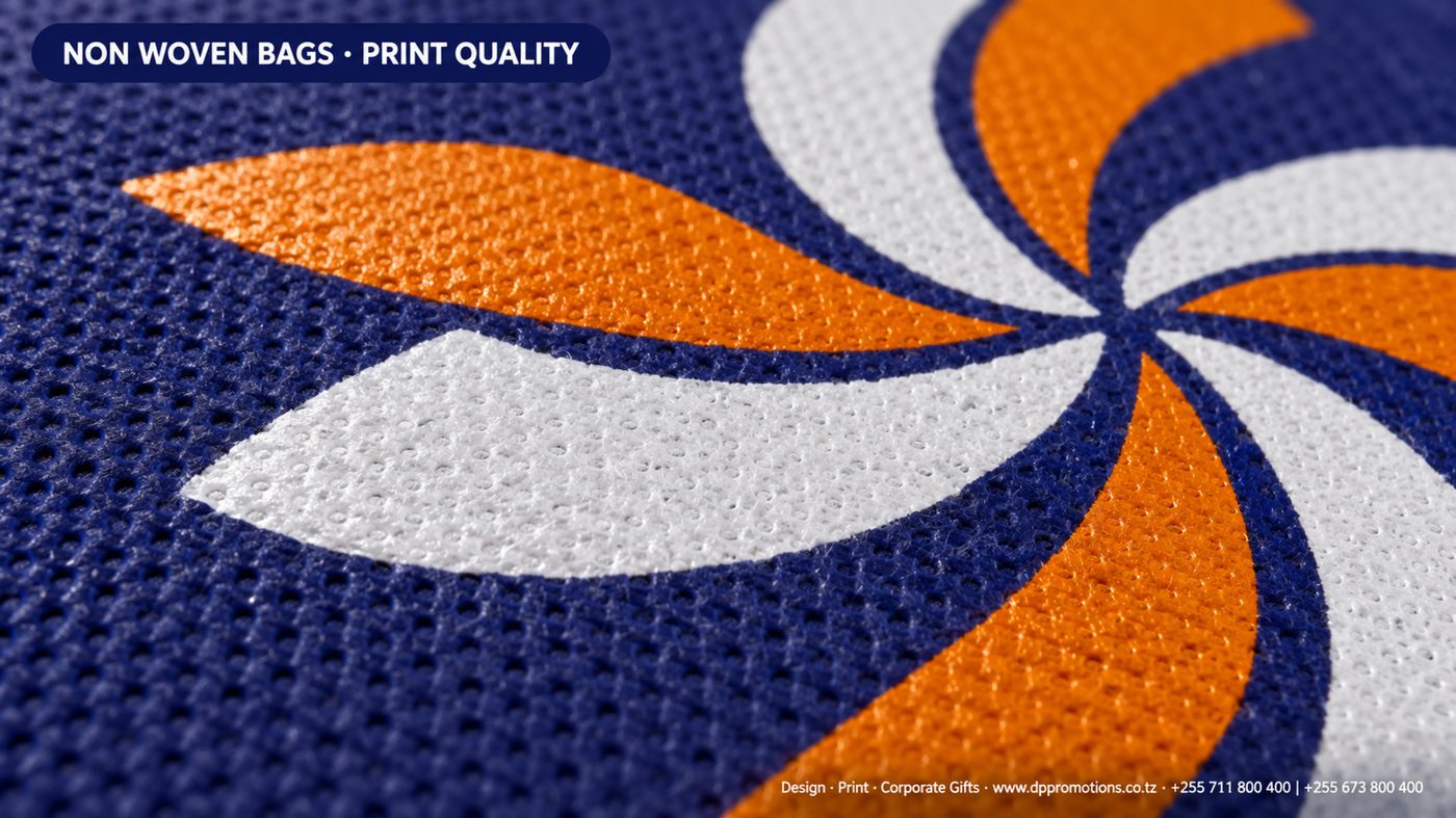Macro ya screen print kwenye kitambaa cha non-woven — kingo kali za wino wa machungwa na nyeupe kwenye bluu