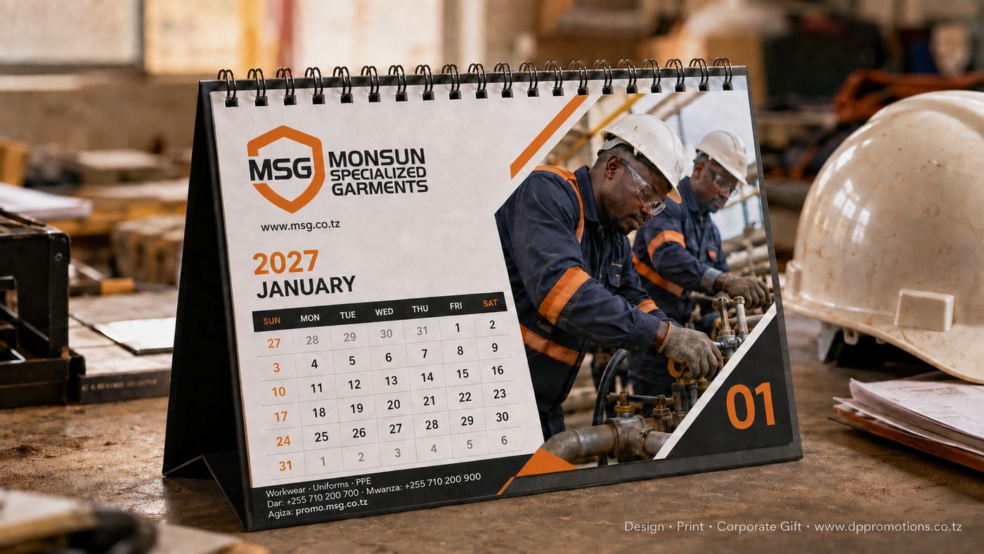 Kalenda ya A5 ya mezani ya 2027 yenye chapa ya MSG ikiwa mezani kwenye ofisi ya tovuti