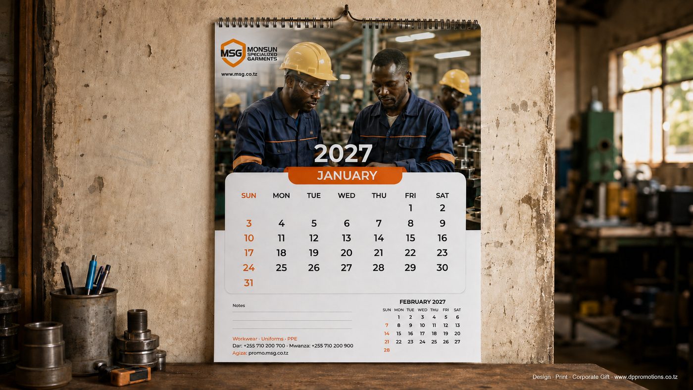 Kalenda ya A3 ya ukutani ya 2027 yenye chapa ya MSG ikiwa ukutani wa ofisi ya karakana