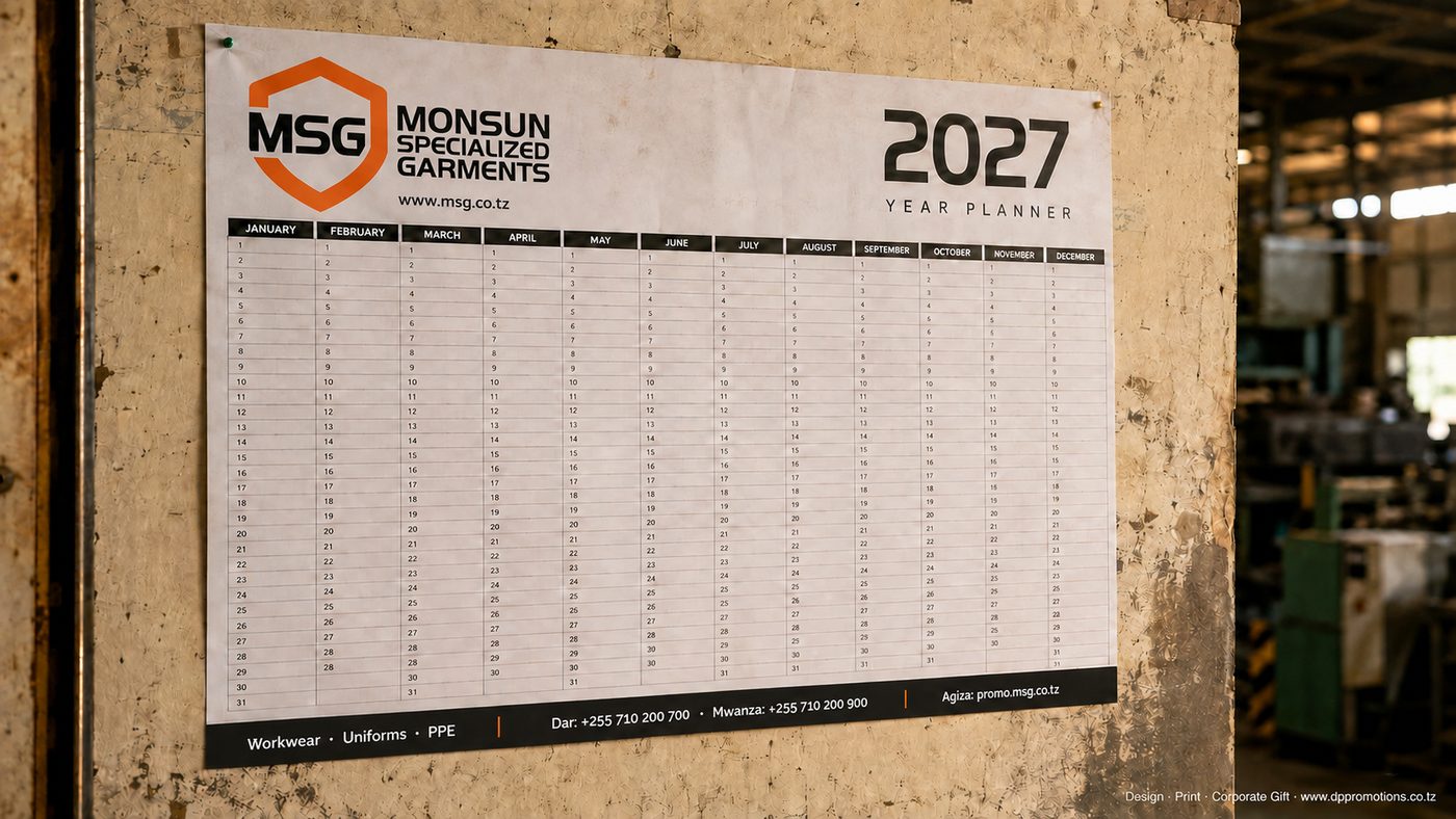 Year planner ya A2 ya 2027 yenye chapa ya MSG ikiwa ukutani wa ofisi ya kiwanda