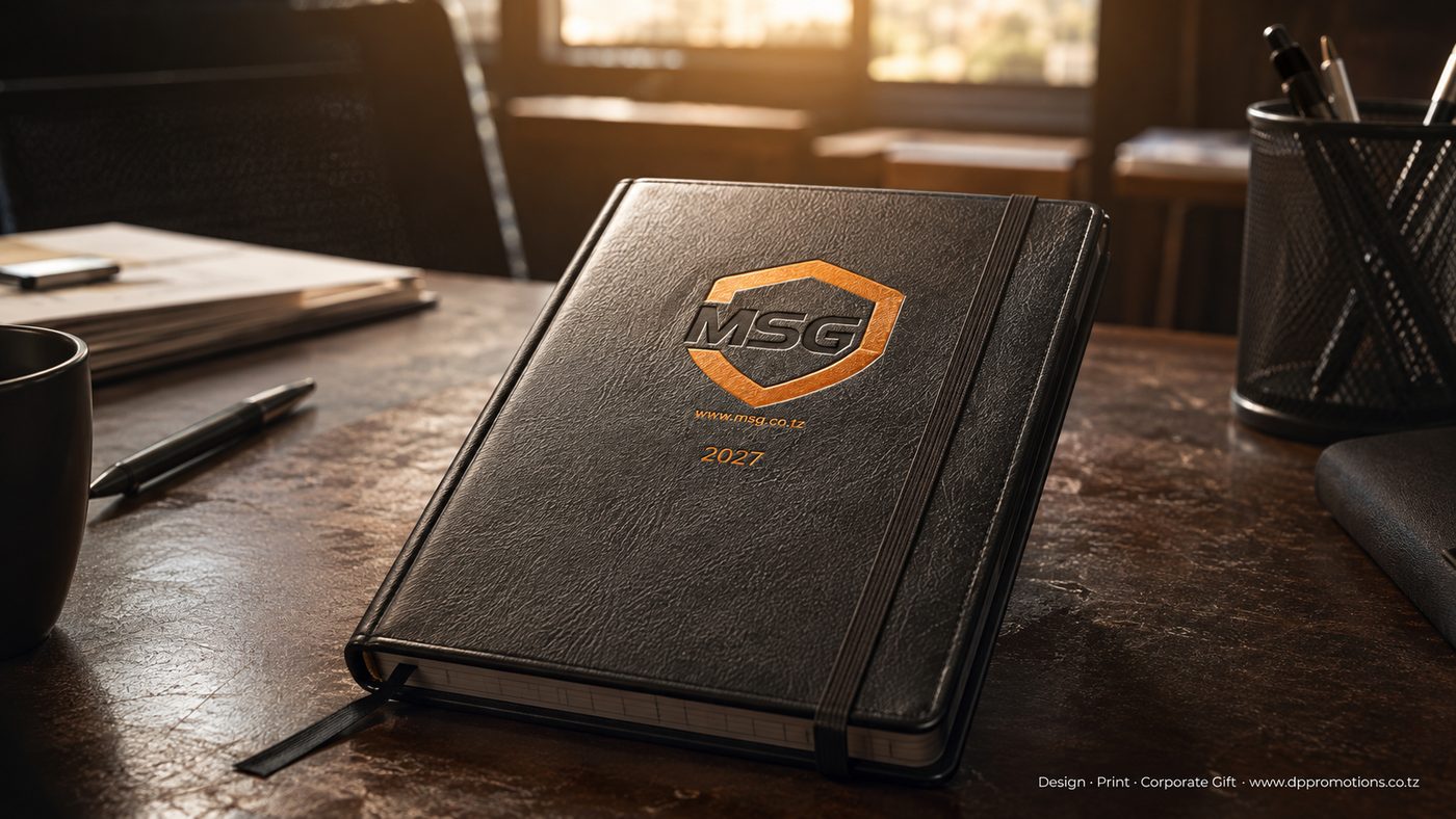 Executive diary ya ngozi nyeusi ya 2027 yenye logo ya MSG ya foil ikiwa mezani
