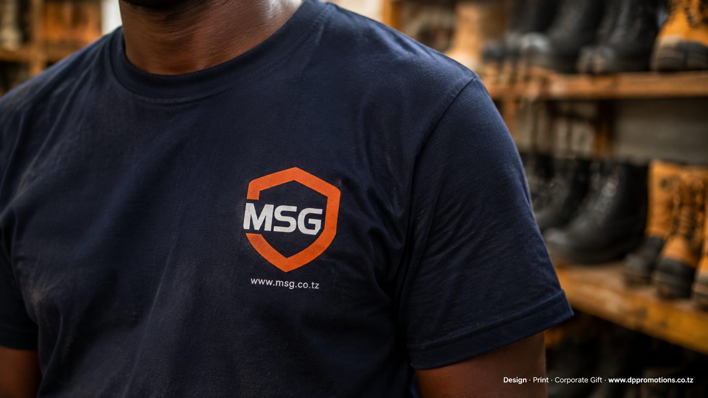 T-shirt ya navy yenye logo ya MSG kifuani ikivaliwa na mfanyakazi wa ghala