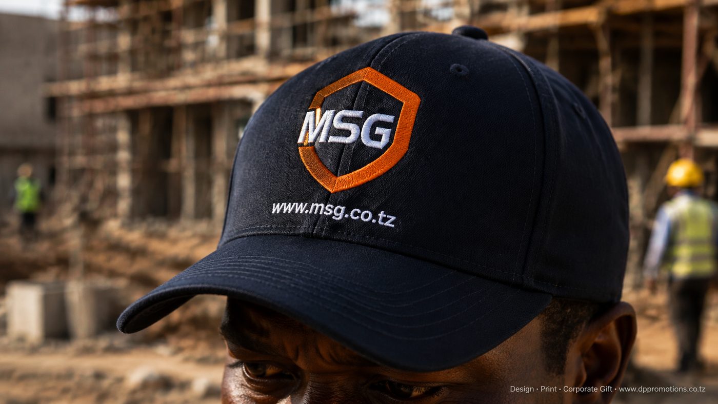 Cap ya navy yenye logo ya MSG ya embroidery ikivaliwa na msimamizi wa tovuti ya ujenzi