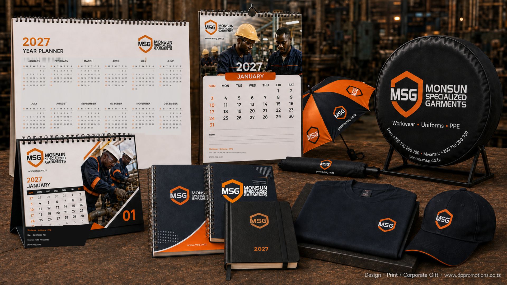 Zawadi za mwisho wa mwaka — kalenda, diary, notebook, T-shirt, cap, mwavuli na car wheel cover zenye chapa